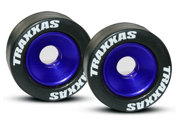 TRA5186A Traxxas Wheels, aluminum (blue-anodized) (2)/ 5x8mm ball bearings (4)/ axles (2)/ rubber tires (2)