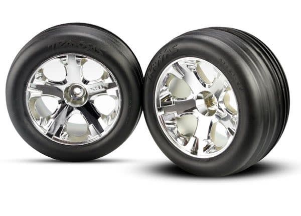 TRA3771 Traxxas Tires & wheels, assembled, glued (2.8') (All-Star chrome wheels, ribbed tires, foam inserts) (electric front) (2)