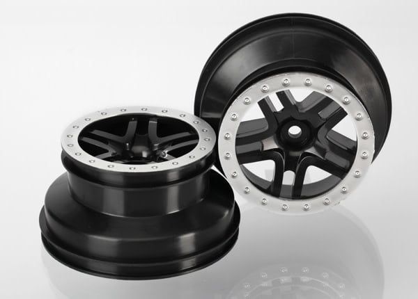 TRA5884 Traxxas Wheels, SCT Split-Spoke, black, satin chrome beadlock style, dual profile (2.2' outer, 3.0' inner) (4WD f/r, 2WD rear) (2)