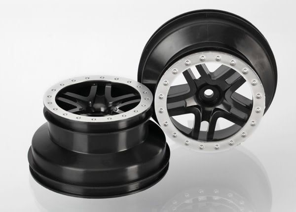 TRA5886 Traxxas Wheels, SCT Split-Spoke, black, satin chrome beadlock style, dual profile (2.2' outer, 3.0' inner) (2WD front) (2)