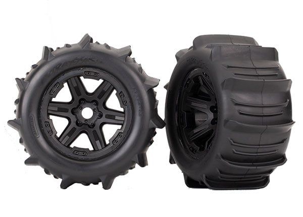 TRA8674 Traxxas Tires & wheels, assembled, glued (black 3.8' wheels, paddle tires, foam inserts) (2) (TSM rated)