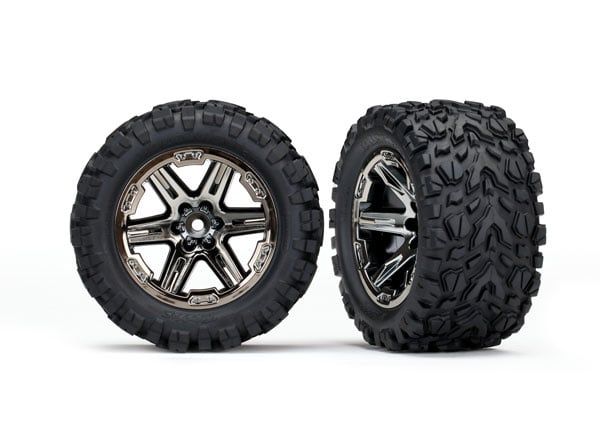 TRA6773X Traxxas Tires & wheels, assembled, glued (2.8') (RXT black chrome wheels, Talon Extreme tires, foam inserts) (4WD electric front/rear, 2WD electric front only) (2) (TSM rated) TRA6773X Traxxas Tires & wheels, assembled, glued (2.8') (RXT black chrome wheels, Talon Extreme tires, foam inserts) (4WD electric front/rear, 2WD electric front only) (2) (TSM rated)