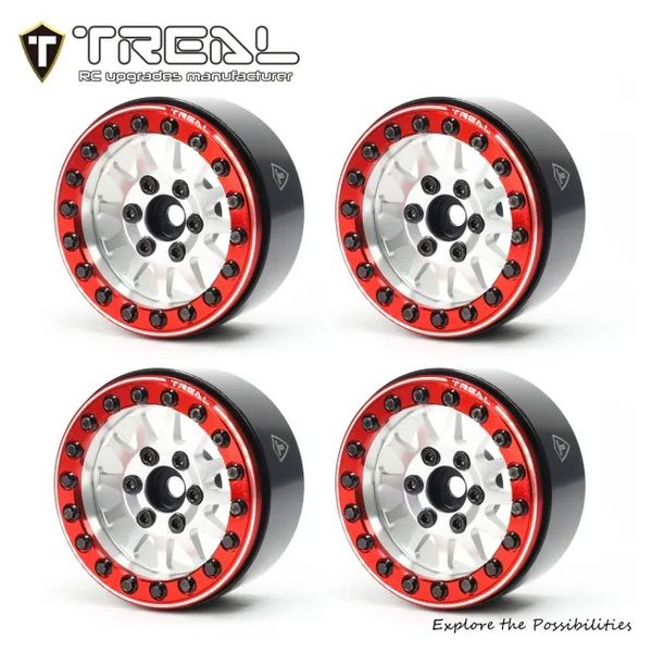 TREAL 1.9 Beadlock wheels (4P-Set) Alloy Crawler Wheels for 1:10 RC Scale Truck -Type D Silver/Red