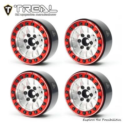 TREAL 1.9 Beadlock wheels (4P-Set) Alloy Crawler Wheels for 1:10 RC Scale Truck -Type D Silver/Red
