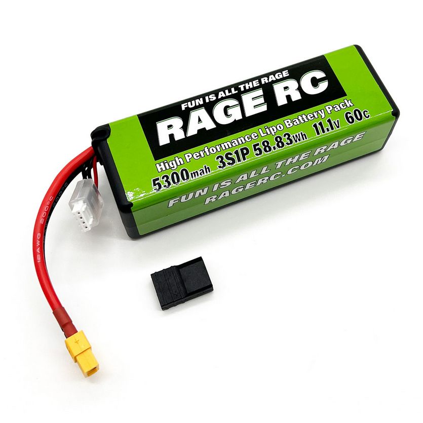 RGRLP53003S60T Rage RC 5300mAh 3S 11.1V 60C Hard Case LiPo Battery with XT60 Connector & TRX Adapter RGRLP53003S60T Rage RC 5300mAh 3S 11.1V 60C Hard Case LiPo Battery with XT60 Connector & TRX Adapter