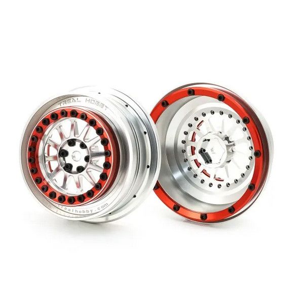 TREAL Aluminium Beadlock Wheels 1:7 RC Wheel Hubs Rims for UDR Compatible with Stock Factory Tires-V1 Silver/Red