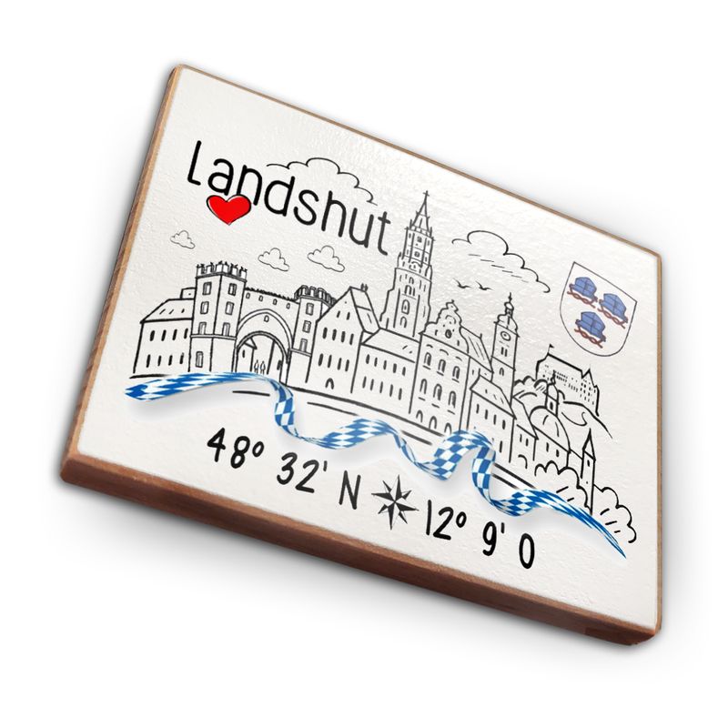 Kühlschrankmagnet aus Buchenholz - Landshut Skyline