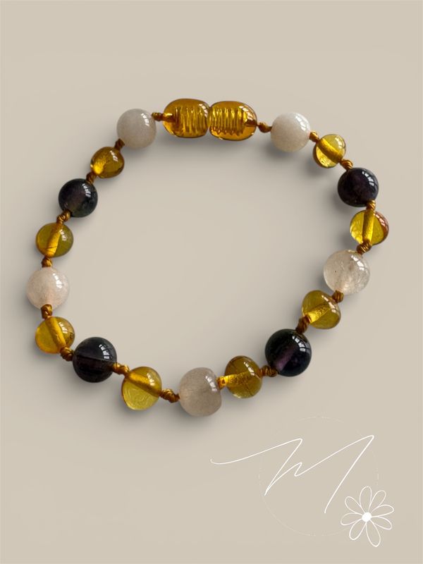 Amber barnsteen amethist & rozenkwarts armband 14cm baby/peuter