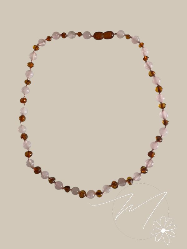 Amber barnsteen ketting rozenkwarts & cognac 38cm kind