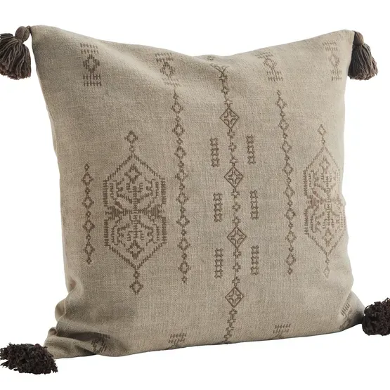 Embroidered cushion cover w/ tassels 50x50 cm / Cotton. linen - Taupe. brown