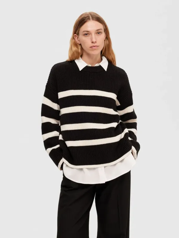 SLFBLOOMIE LS KNIT O-NECK NOOSBlack SNOW WHITE