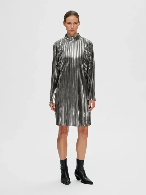 SLFNALINE LS HIGH NECK SHORT PLISSE DRES - Silver