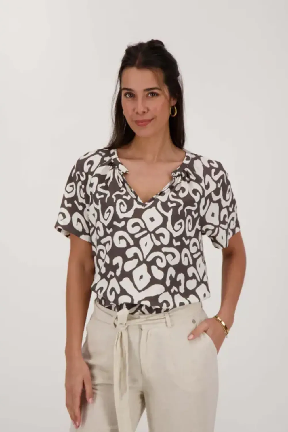 Top ornament print antracietgrijs/zand