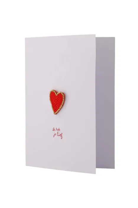wenskaart hartje broche wit/rood