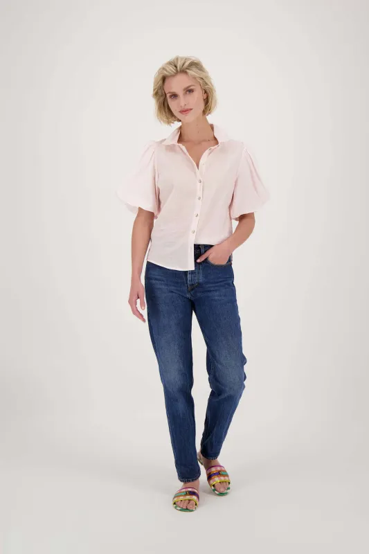 blouse met ballon mouw in streep wit / licht roze