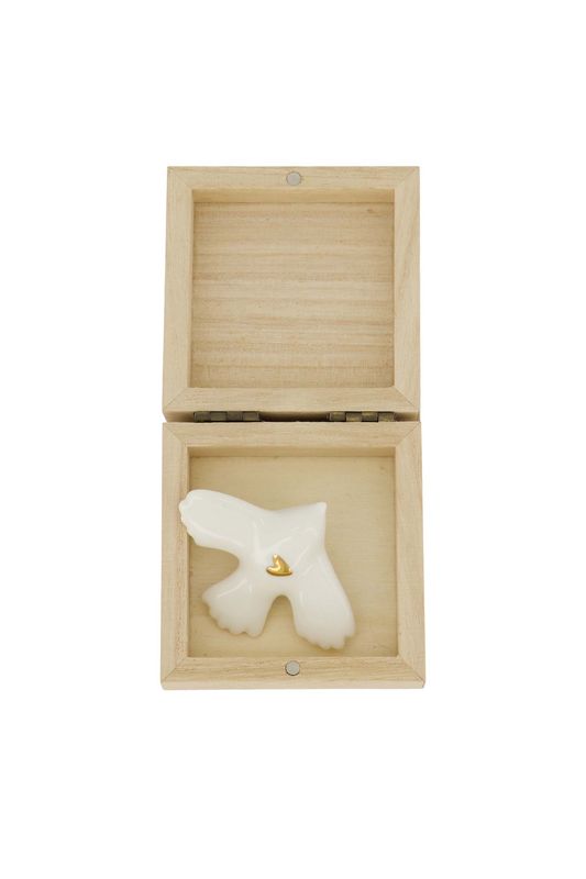 Doosje hout met vogeltje wit/goud