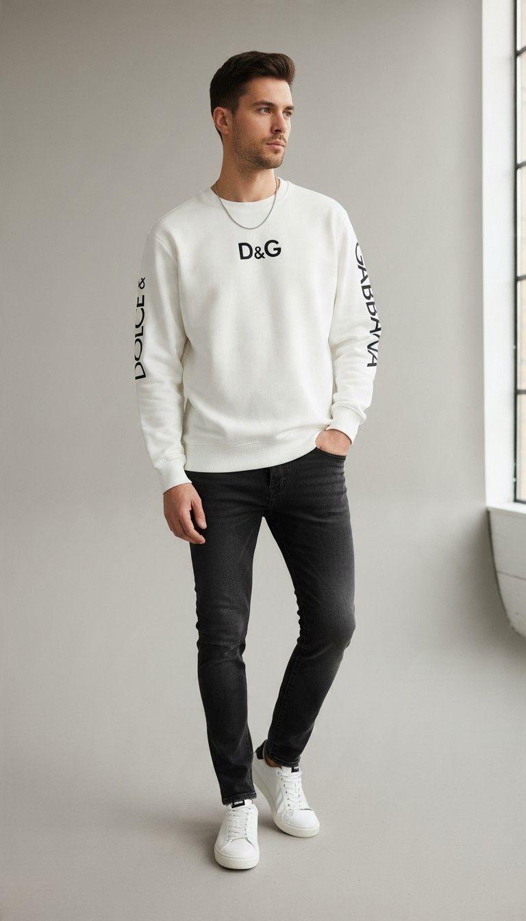 Long Sleeves Men Sweater White Pearl