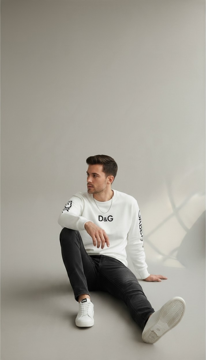 Long Sleeves Men Sweater White Pearl