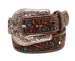 ARIAT BELT BROWN &amp; TURQUOISE W/FLORAL OVERLAY