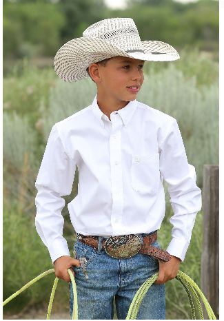 CINCH BOY&#39;S WHITE SOLID TWILL BUTTON DOWN