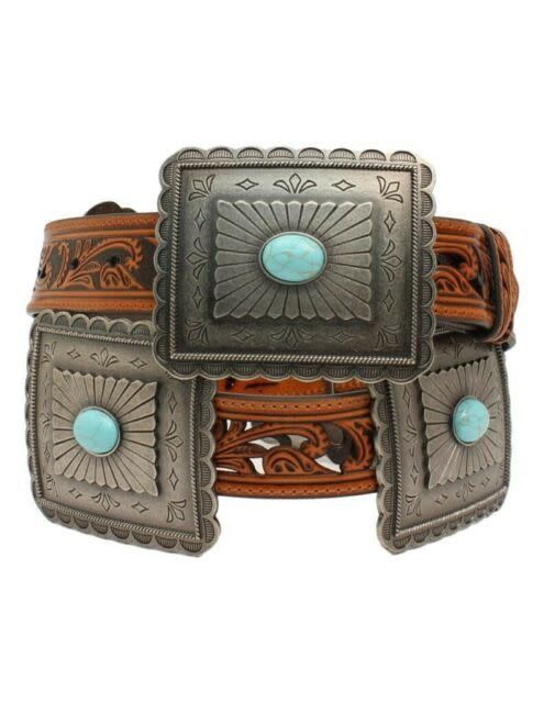 TOOLED RECTANGLE CONCHO TURQUOISE STONE BELT