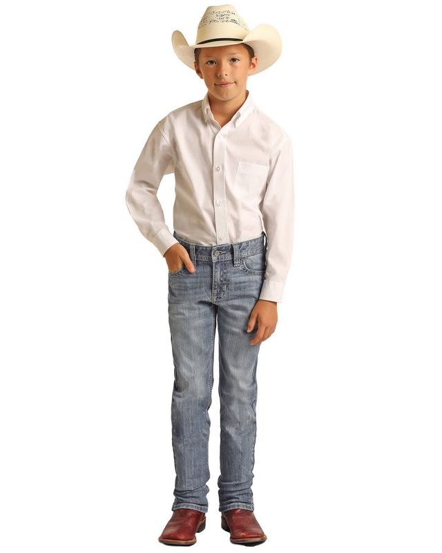 ROCK &amp; ROLL BOY&#39;S SLIM FIT REVOLVER LIGHT WASH BOOTCUT JEANS