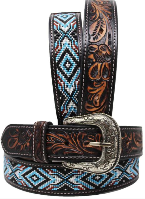 CHALLENGER  FLORAL TOOLED BLUE BEADED BELT