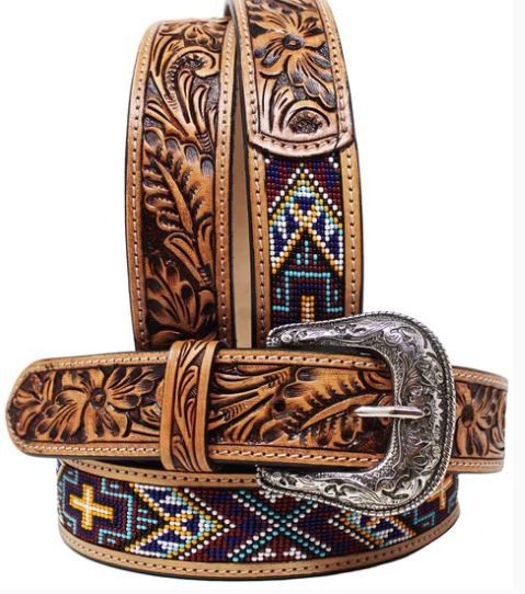CHALLENGER TWO-TONE FLORAL TOOLED BURGUNDY BEADED BELT
