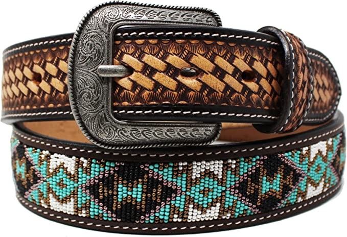 CHALLENGER TOOLED FLORAL TURQUOISE/BLACK/WHITE BEADED BELT