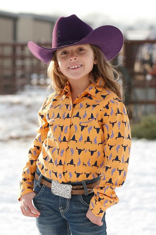 CRUEL GIRL GOLD STEER HEAD PRINT L/S SNAP SHIRT