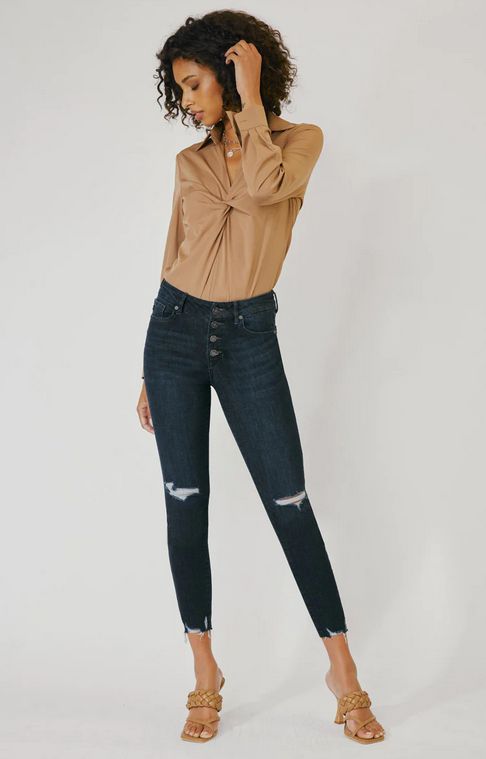 KANCAN PENELOPE MID RISE EXPOSED BUTTON ANKLE SKINNY DARK WASH