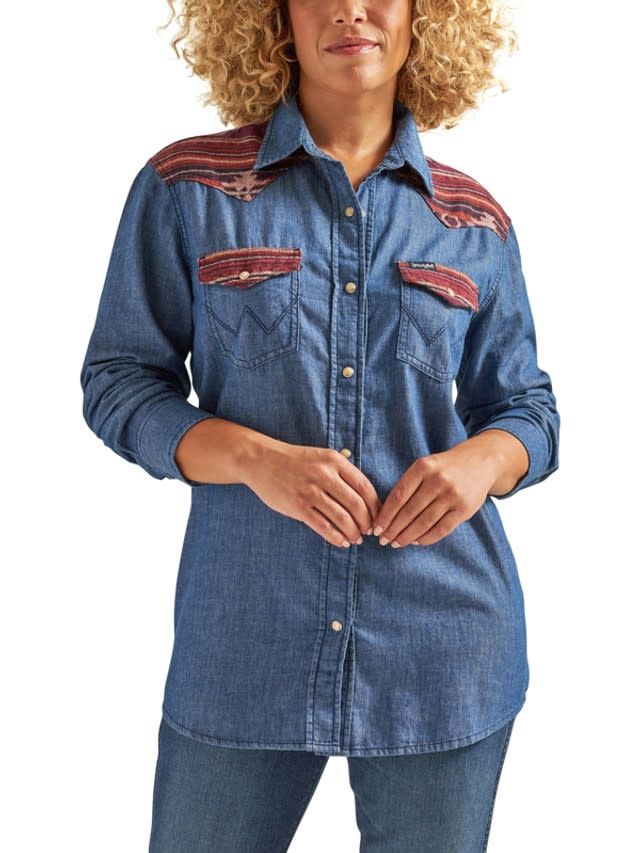 112336490 WRANGLER WOMEN&#39;S DENIM AZTEC L/S SNAP SHIRT