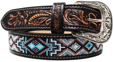 CHALLENGER TAN FLORAL TOOLED PURPLE BEADED BELT
