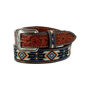 3D WESTERN AZTEC EMBROIDERED BROWN LEATHER BELT