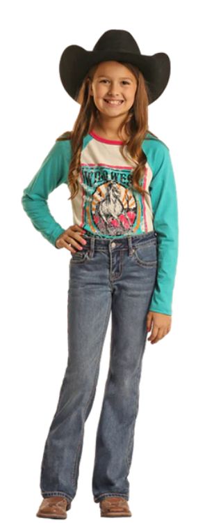 BG4MD02553 ROCK &amp; ROLL GIRL&#39;S PETAL STITCH MID RISE BOOTCUT JEANS