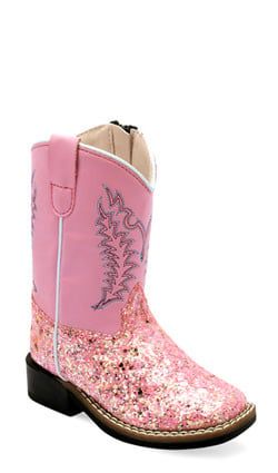 OLD WEST GIRL&#39;S PINK GLITTER SQUARE TOE BOOTS