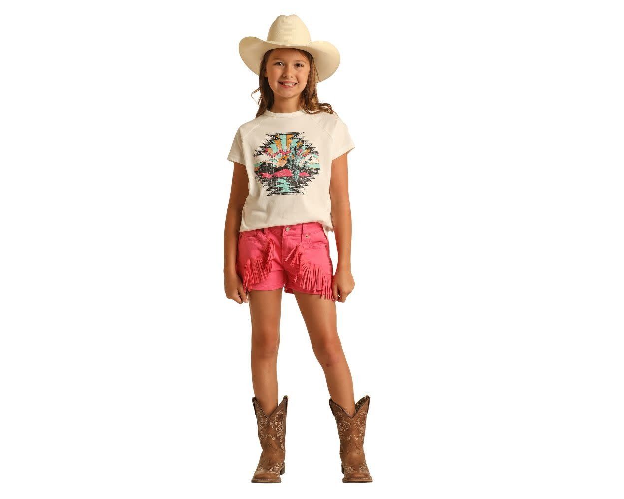 RRGD68R0UJ ROCK &amp; ROLL GIRLS PINK FRINGE SHORTS