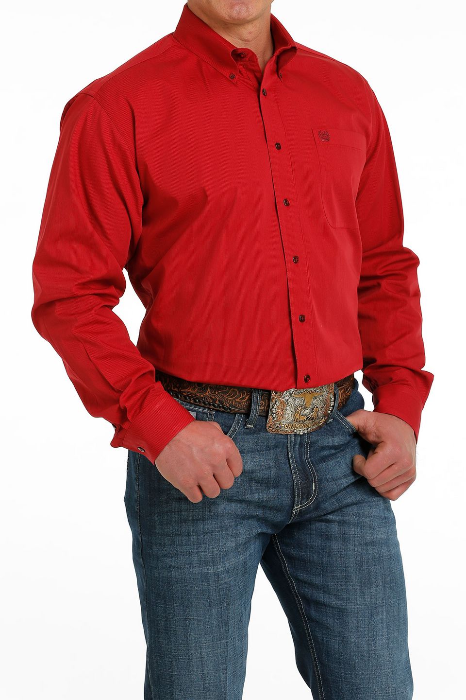 CINCH MENS RED W/NAVY STRIPES L/S BUTTON DOWN