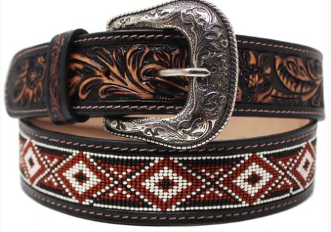 CHALLENGER ANTIQUE TOOLED BURGUNDY/WHITE BEADED BELT