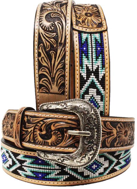 CHALLENGER UNISEX FLORAL TOOLED TURQUOISE BEADED BELT