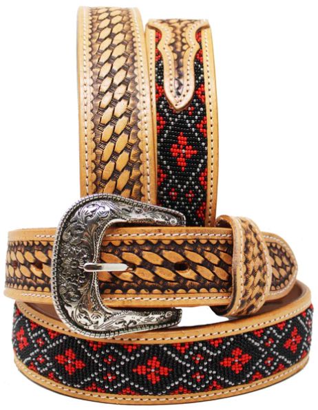 CHALLENGER UNISEX FLORAL TOOLED BLACK/RED BEADED BELT
