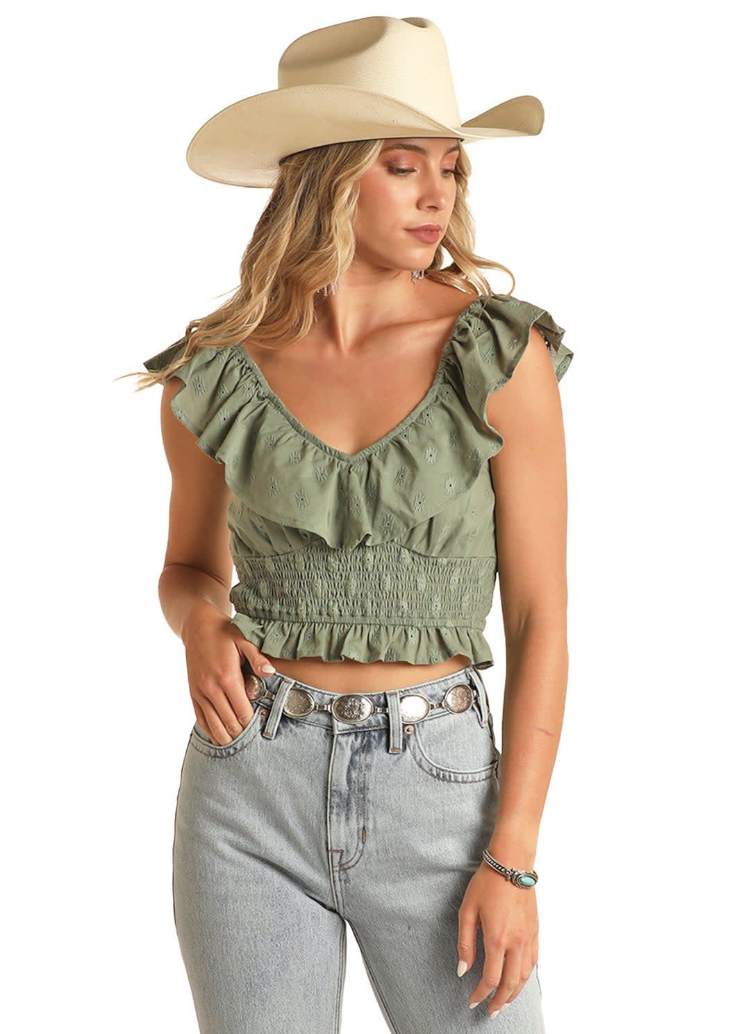 AZTEC EYELET RUFFLE TOP