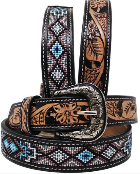 CHALLENGER KIDS FLORAL TOOLED PURPLE BEADED BELT