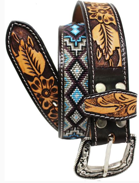 CHALLENGER KIDS FLORAL TOOLED PURPLE AZTEC BEADED BELT