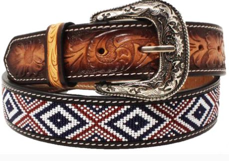 CHALLENGER FLORAL TOOLED NAVY/BURGUNDY BEADED BELT