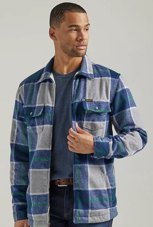 112338647 WRANGLER MEN&#39;S FULL ZIP SHERPA LINED FLANNEL SHIRT JACKET IN PEBBLE