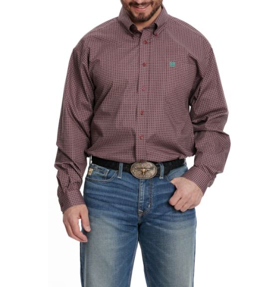 CINCH MEN&#39;S BURGUNDY &amp; NAVY GEO LONG SLEEVE WESTERN SHIRT