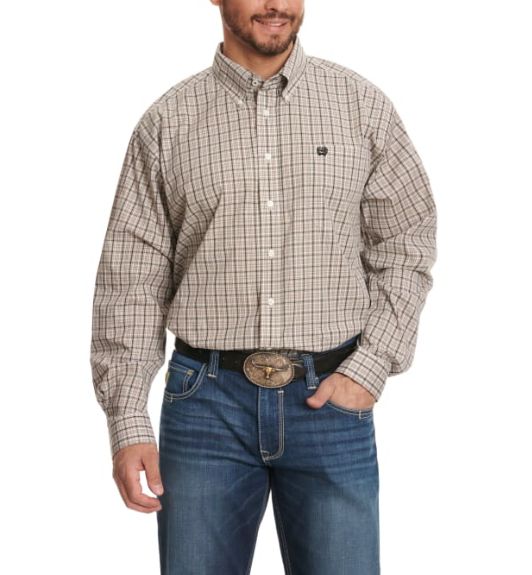MTW1105674 CINCH MEN'S WHITE/TAN/BLACK PLAID BUTTON DOWN SHIRT