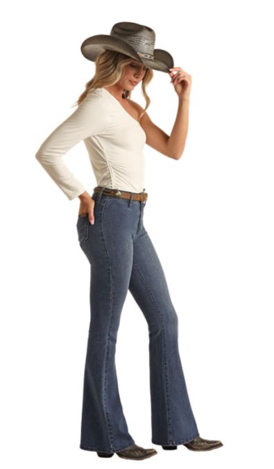 ROCK &amp; ROLL WOMEN'S MEDIUM WASH BUTTON FLARE JEANS