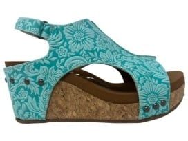 VERY G ISABELLA TOOLED TURQUOISE WEDGE SANDALS